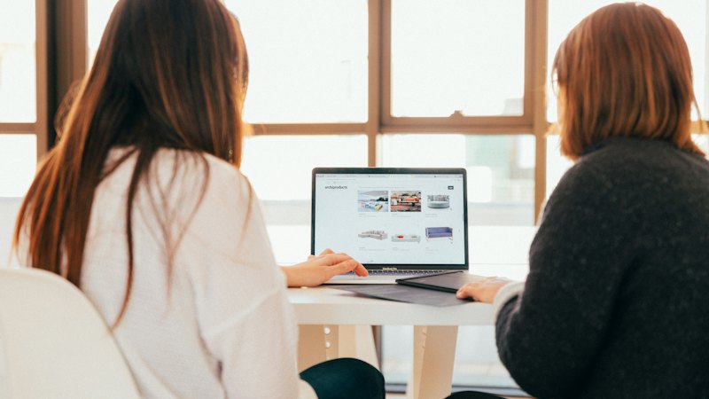 Two colleagues discussing work on a laptop