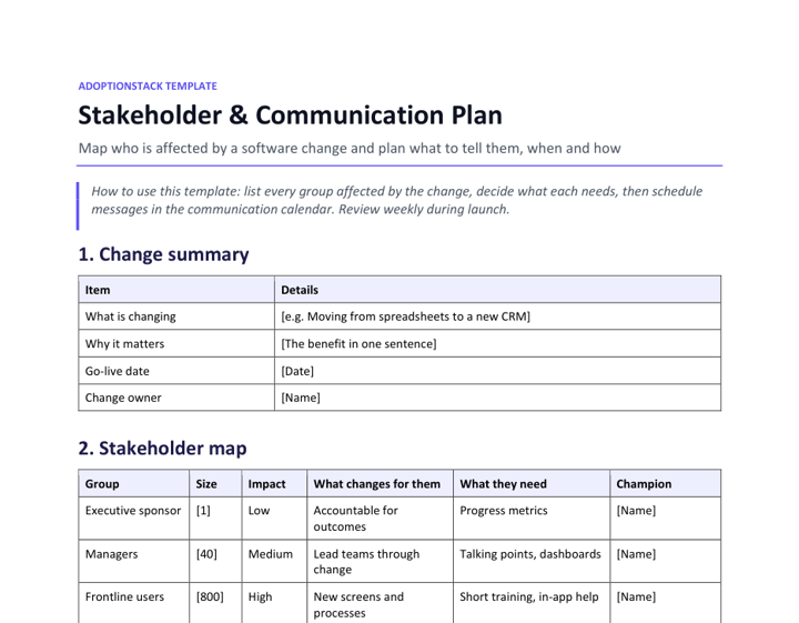 Preview of the Stakeholder & communication plan
